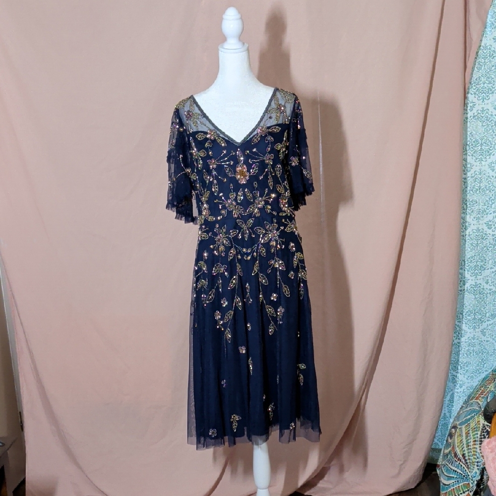 Adrianna Papell Navy and Gold Embellished Midi Dress